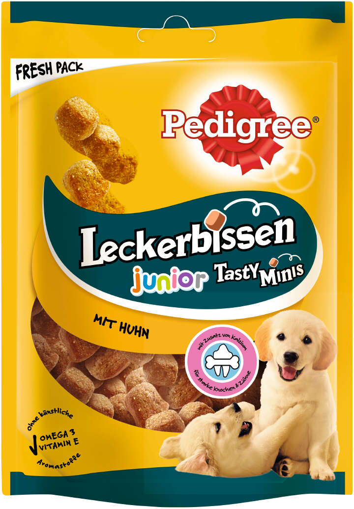 Pedigree Hundeleckerlis Leckerbissen Tasty Minis Junior Portionsbeutel mit Huhn